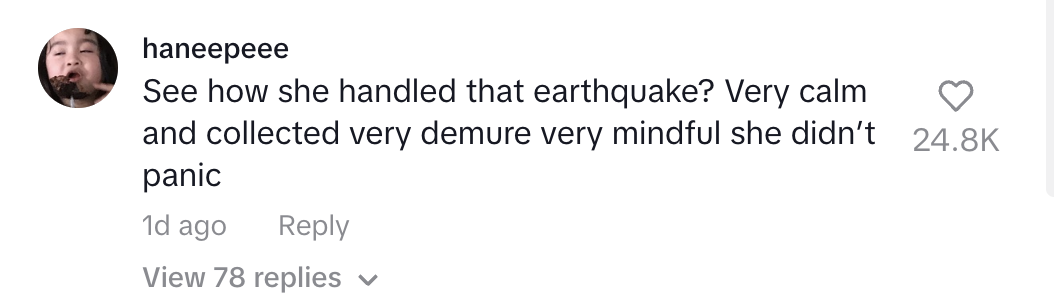 TikTok Caption showing an example of 'very demure, very mindful' in use, mentioning how 'she handled the earthquake' calmly.